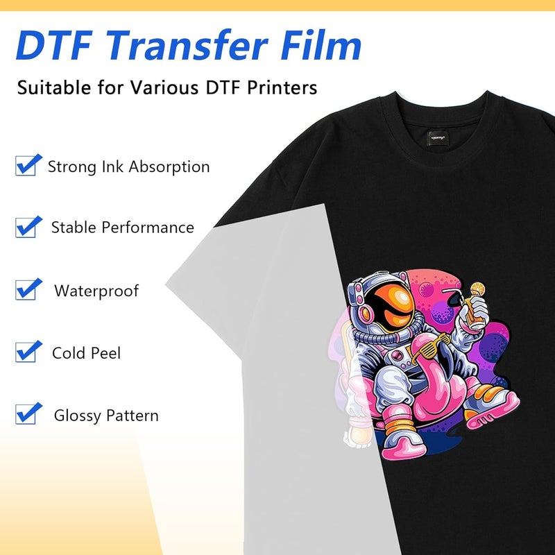 Jecqbor DTF Transfer Film Paper A4 100 Sheets, Glossy Double Sided Heat Transfer Paper, Thick Clear Pretreat PET Sheets for DTF Printer Direct Print On T-Shirts Textile (8.3" x 11.7") - Image 5